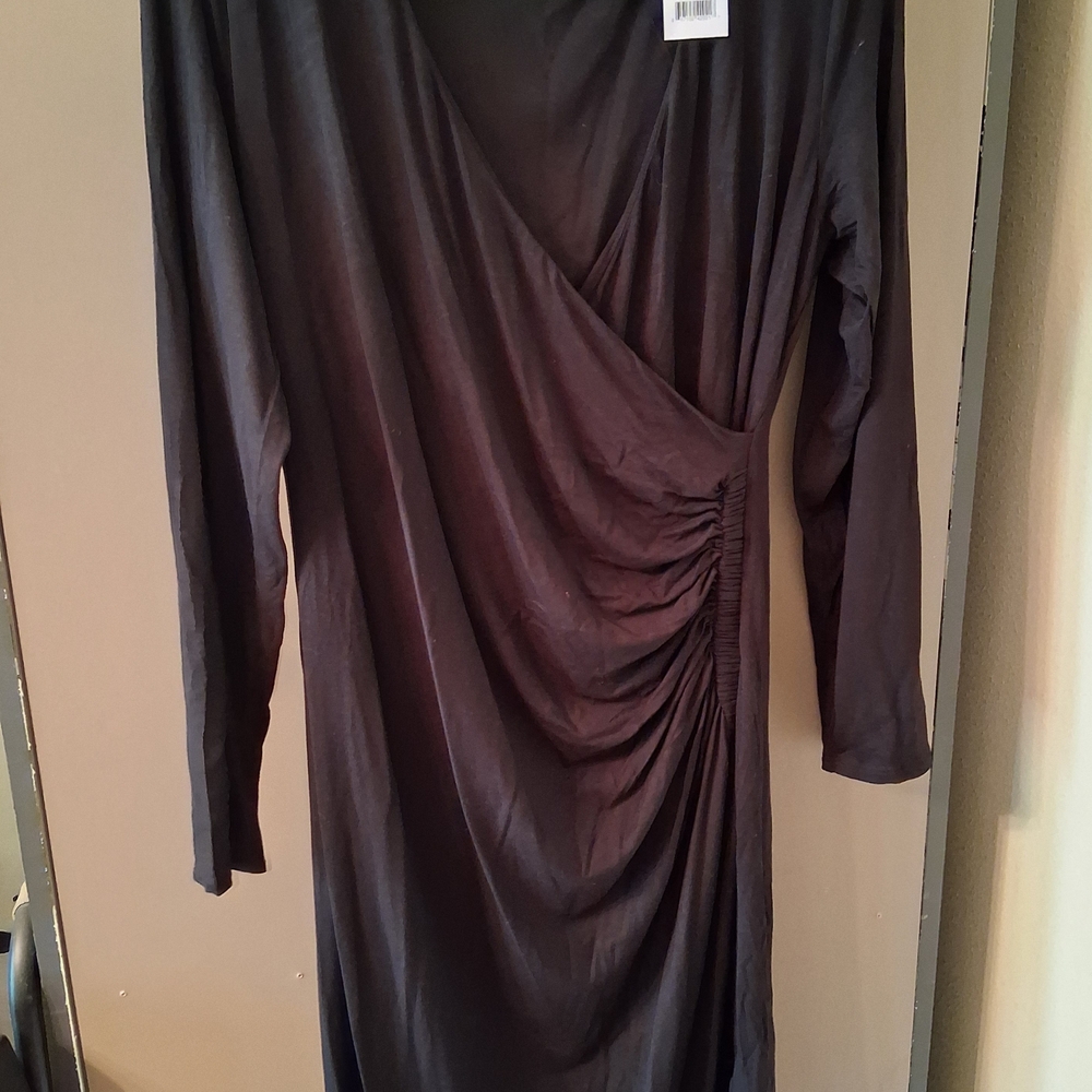 Maternity Black Long-Sleeve Ruched Wrap-Front Dress
